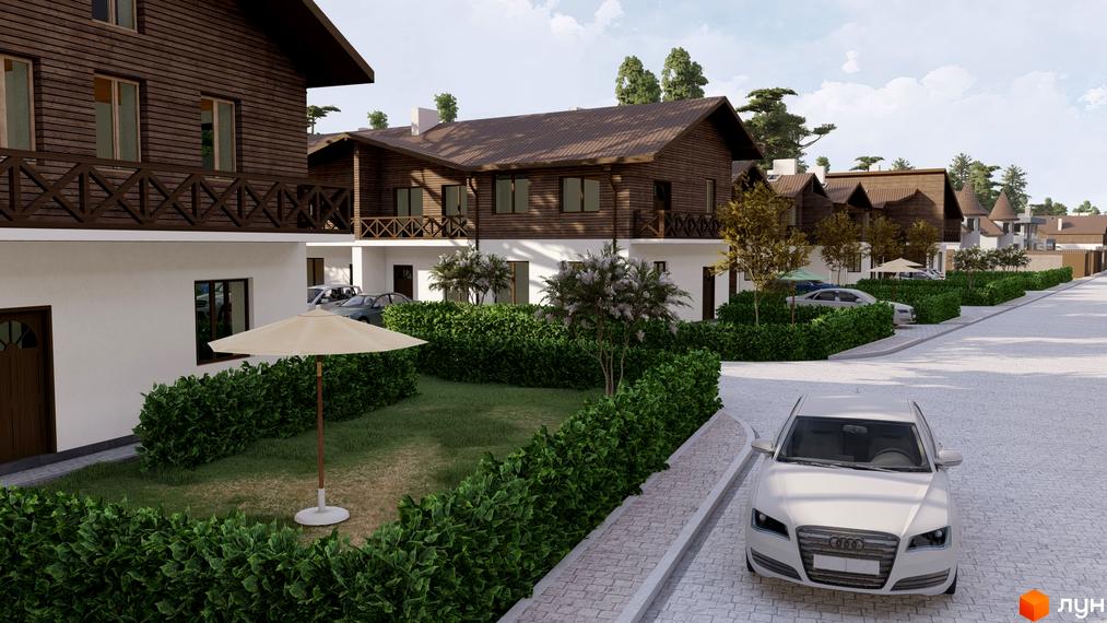 Котеджне містечко Bruhsell: дерев'яні будинки з балконами та білими фасадами, зелені газони та доглянуті кущі. Прибудинкова територія з бруківкою та автомобілями.