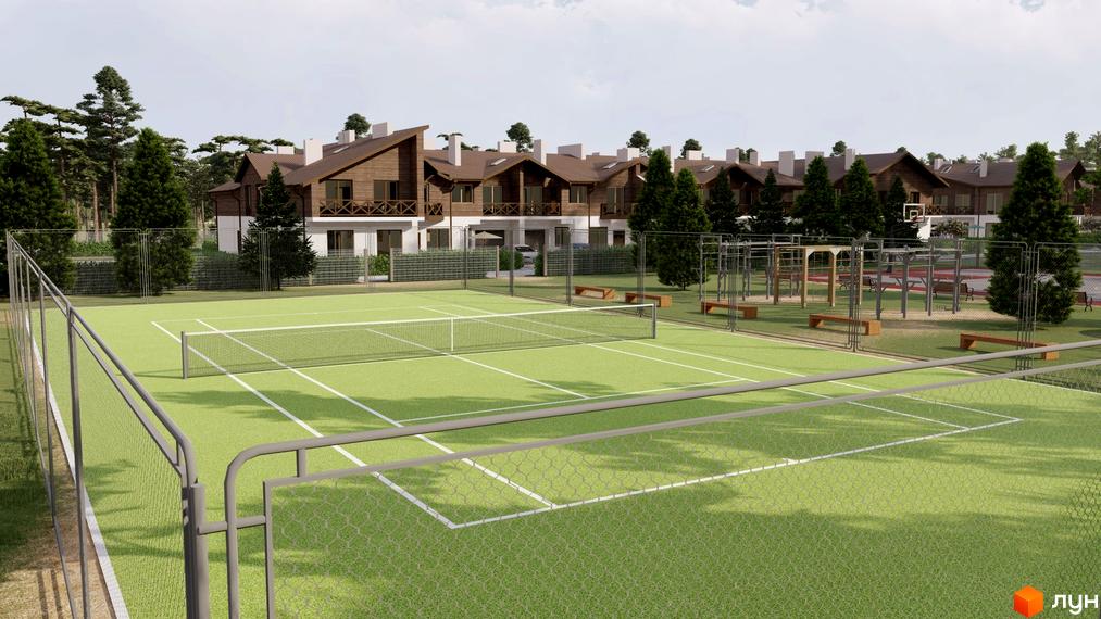 Котеджне містечко Bruhsell: дерев'яні фасади будинків, тенісний корт та спортивний майданчик на прибудинковій території.