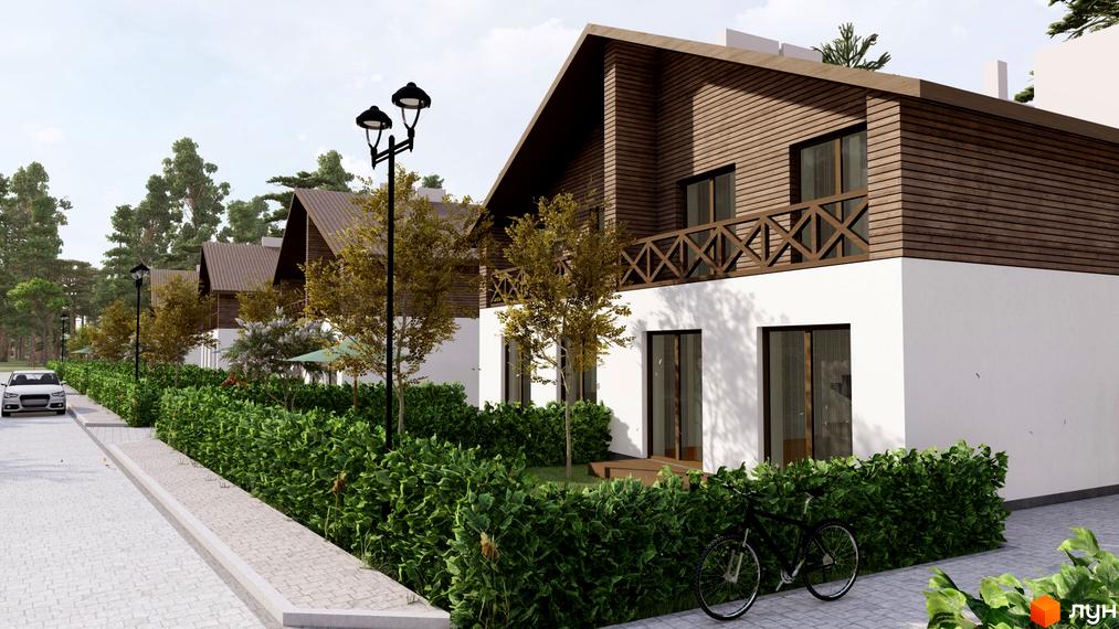 Котеджне містечко Bruhsell. Будинки з білими фасадами, дерев'яною обшивкою та двосхилими дахами. Прибудинкова територія з зеленими насадженнями та доріжками.