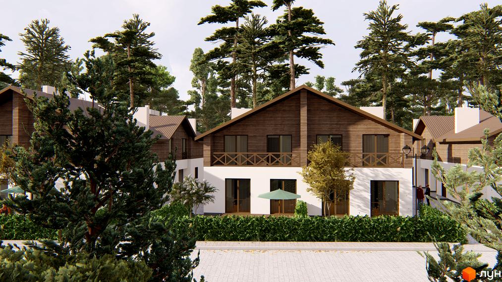 Котеджне містечко Bruhsell: двоповерхові будинки з дерев'яним оздобленням та білим фасадом, оточені соснами. Територія комплексу з доглянутими зеленими насадженнями та бруківкою.