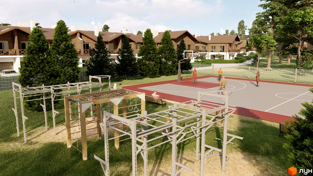 Котеджне містечко Bruhsell: ряд дерев'яних будинків з балконами. На території облаштовані спортивні майданчики та зони для відпочинку серед дерев.