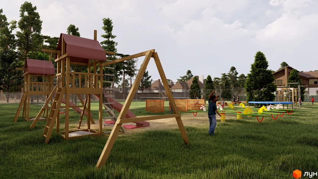 Дитячий майданчик біля котеджного містечка КМ Bruhsell з дерев'яними ігровими комплексами та гойдалками. Навколо зелена галявина та дерева.