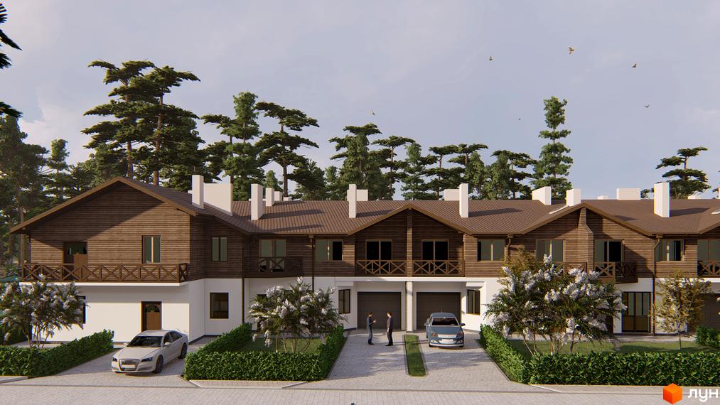 Котеджне містечко КМ Bruhsell: дерев'яні фасади, балкони з дерев'яними перилами, гаражі. Прибудинкова територія з газоном та деревами.