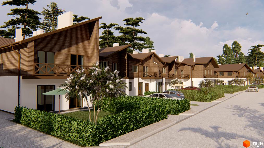 Котеджне містечко КМ Bruhsell: дерев'яні фасади будинків, балкони з дерев'яними перилами, зелені кущі та дерева навколо. Прибудинкова територія з доріжками та автомобілями.