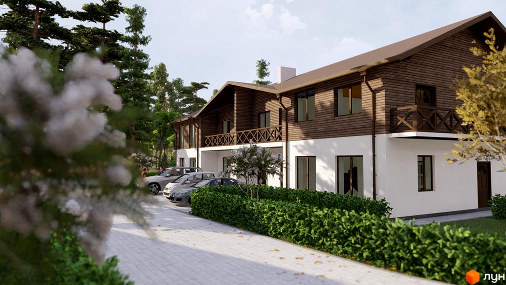 Котеджне містечко Bruhsell: двоповерхові будинки з дерев'яним оздобленням та білими фасадами, балконами та парковкою. Прибудинкова територія з доглянутими зеленими насадженнями та доріжками.