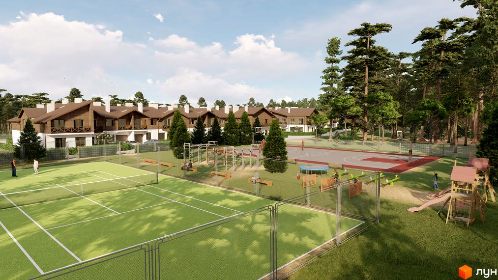 Котеджне містечко КМ Bruhsell. Візуалізація житлового комплексу з тенісним кортом, баскетбольним майданчиком та дитячим майданчиком.