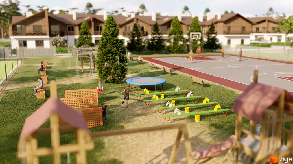 Котеджне містечко Bruhsell: двоповерхові будинки з дерев'яними фасадами та балконами, поруч дитячий майданчик з батутом та гойдалками, спортивний майданчик для баскетболу.