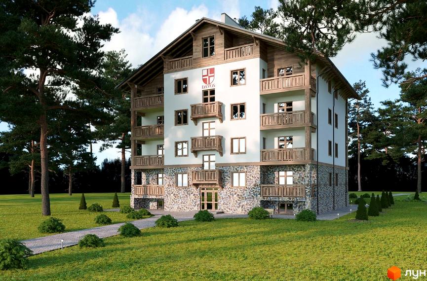 Житловий комплекс DESNA residence - фасади будинку з дерев'яними балконами та кам'яним цоколем, оточені зеленню та соснами. Прибудинкова територія з доріжками та кущами.