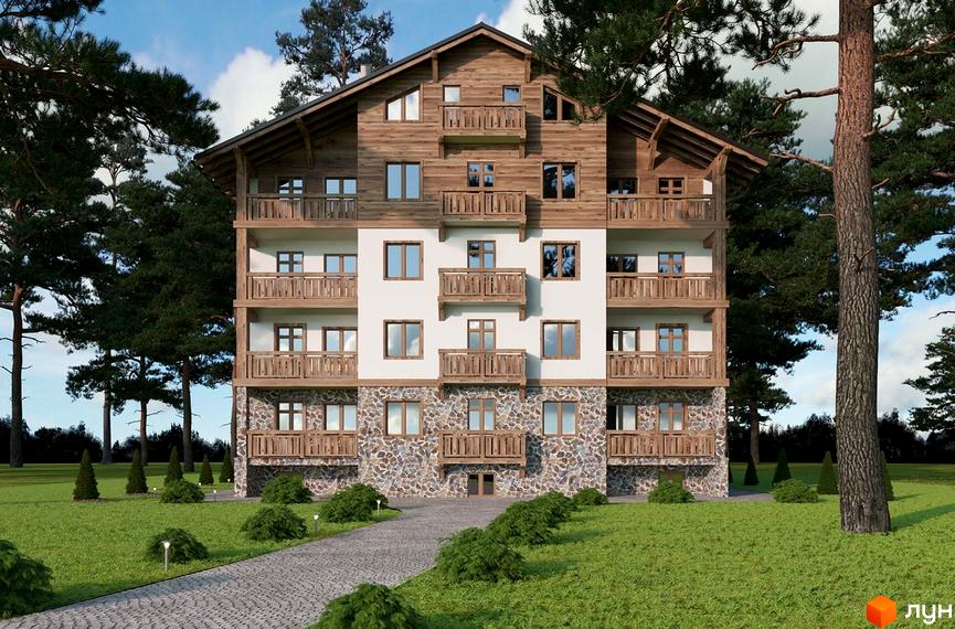 Зовнішній вигляд житлового комплексу DESNA residence з дерев'яними елементами та балконами. Навколо будинку зелена галявина з доріжкою та деревами.