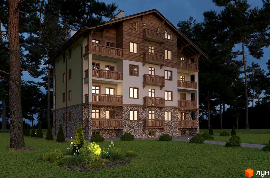 Житловий комплекс DESNA residence – це чотириповерховий будинок з дерев'яним оздобленням та кам'яним цоколем, оточений соснами. Територія навколо будинку доглянута, з газоном та декоративними рослинами.