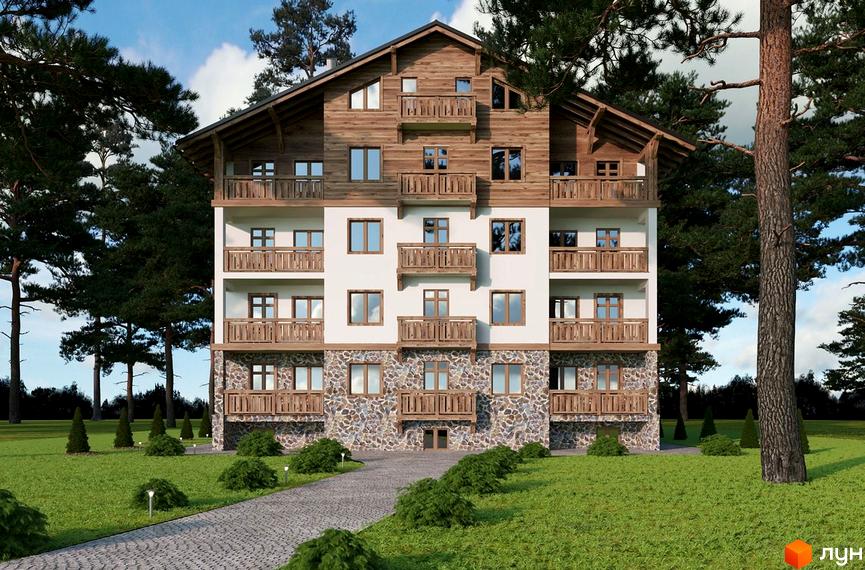 Новобудова DESNA residence: будинок з дерев'яним скатним дахом та кам'яною основою, численними балконами. Зелена територія з соснами.