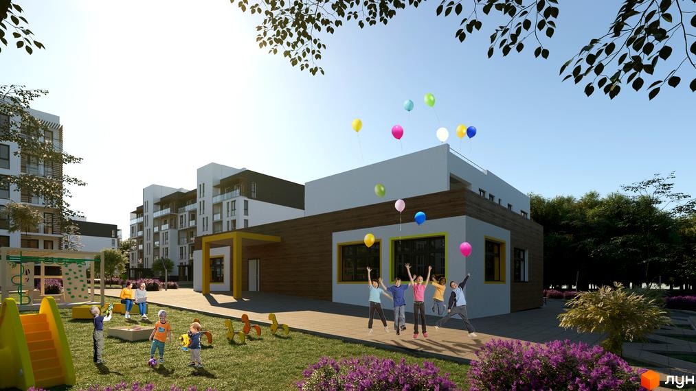 Житловий комплекс Еко-дім на Надійній. На фото зображено будівлю з білими фасадами та коричневими дерев'яними елементами. На прибудинковій території є дитячий майданчик та зелені насадження.