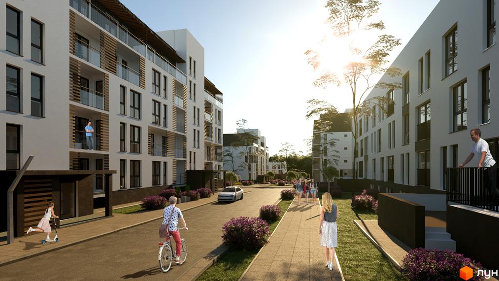 Житловий комплекс Еко-дім на Надійній. Багатоквартирний будинок з білими фасадами та балконами. На території є зелені насадження, тротуар та дорога.