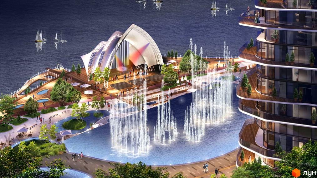 Зображення сторінки житлового комплексу Lipki Island City Resort. Багатоповерхові будинки з панорамними вікнами, терасами та велика прибудинкова територія з фонтанами.