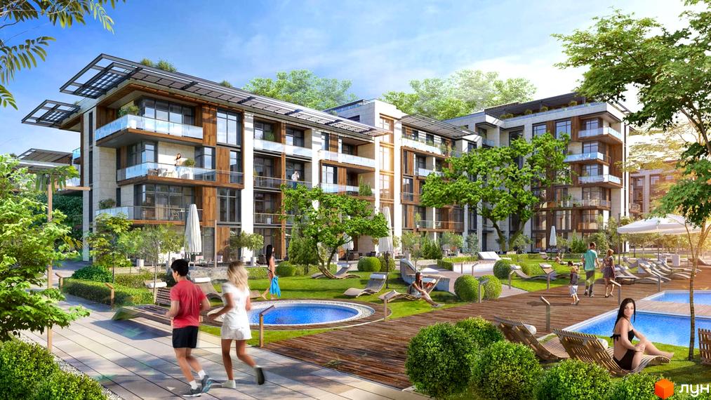 Житловий комплекс Lipki Island City Resort з просторими балконами та терасами, зеленою прибудинковою територією з басейном та зоною відпочинку.