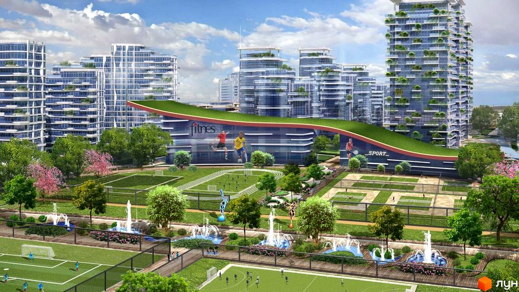 Житловий комплекс Lipki Island City Resort з багатоповерховими будинками та спортивними майданчиками. На території комплексу розташовані футбольні поля, тенісні корти та зони відпочинку з фонтанами.