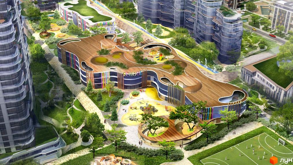 Житловий комплекс Lipki Island City Resort з дитячим садком у вигляді скрипки та спортивним майданчиком. Архітектурне рішення з використанням дерева та великою кількістю зелені.
