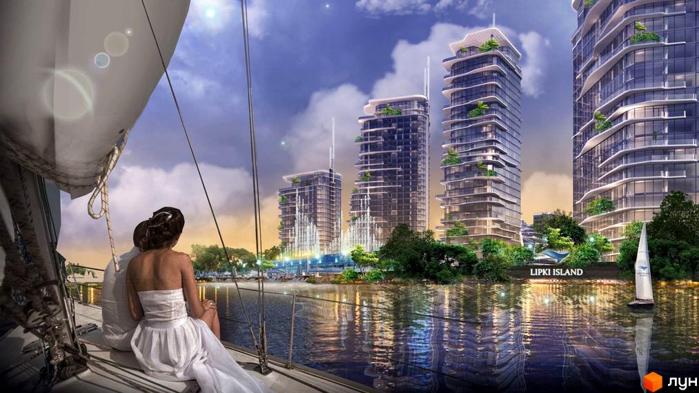 Житловий комплекс Lipki Island City Resort з високими будівлями та фонтанами на набережній. На передньому плані пара на яхті насолоджується краєвидом.