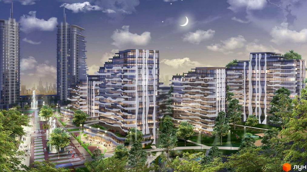 Житловий комплекс Lipki Island City Resort з архітектурою у світлих тонах з великими вікнами та терасами. На території комплексу розташовані алеї з деревами, фонтани та місця для відпочинку.