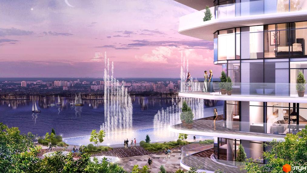 Вид на ЖК Lipki Island City Resort з басейном, фонтанами та людьми на терасах. На задньому плані річка та місто.