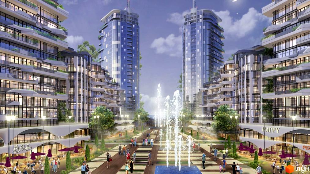 Житловий комплекс Lipki Island City Resort з висотними будівлями та фонтанами. На території комплексу є кафе та місця для відпочинку.