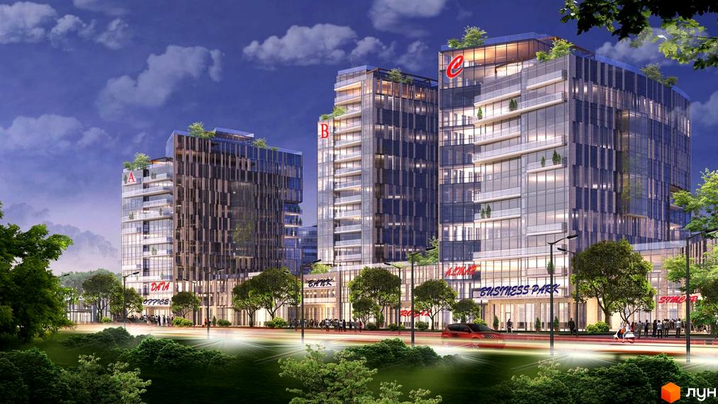 Зображення Житлового комплексу Lipki Island City Resort: висотні будинки з панорамними вікнами та зеленою прибудинковою територією.