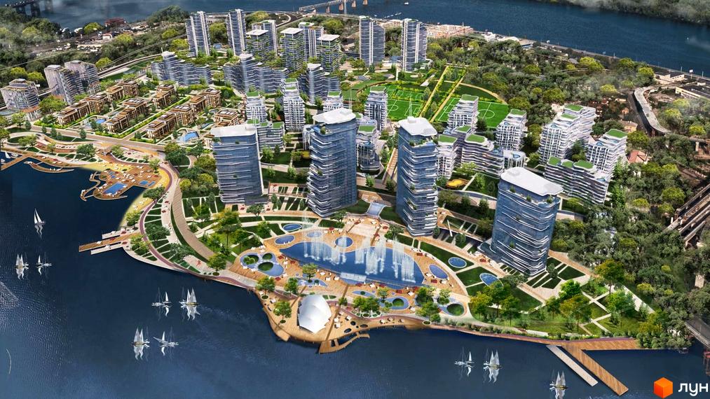 Житловий комплекс Lipki Island City Resort з високими будівлями та багатою зеленою прибудинковою територією з басейнами та зонами відпочинку біля води.