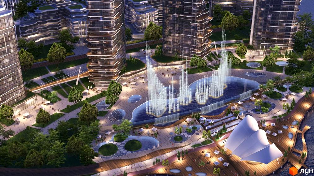 Житловий комплекс Lipki Island City Resort з високими вежами та великим фонтаном на прибудинковій території. На території комплексу розташовані зелені зони, пішохідні доріжки та зона відпочинку біля води.