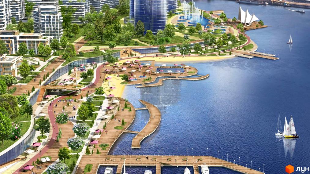 Візуалізація ЖК Lipki Island City Resort з видом на набережну, пляж, зелені зони та архітектуру житлового комплексу.