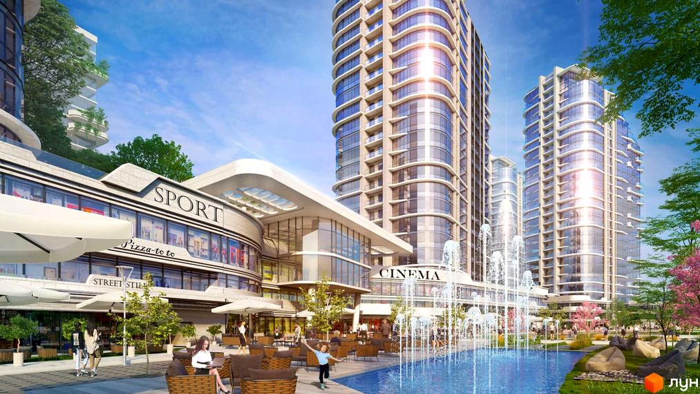 Житловий комплекс Lipki Island City Resort з висотними будинками та зоною відпочинку з фонтанами. На території є магазини, кафе та зелені насадження.