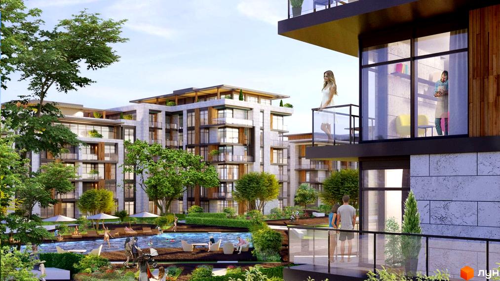 Житловий комплекс Lipki Island City Resort з басейном та зонами відпочинку. Сучасна архітектура з великими вікнами та балконами, зелена територія з деревами та квітами.