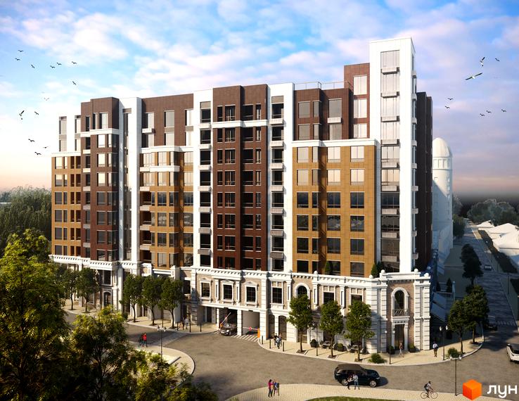 Зображення багатоповерхового будинку в Житловому комплексі Dynastia BC з прибудинковою територією та зеленими насадженнями.