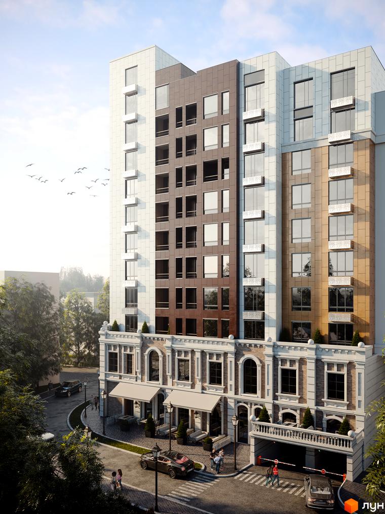 Зображення фасаду та прибудинкової території Житлового комплексу Dynastia BC. Багатоповерхова будівля з великими вікнами та зеленими насадженнями.