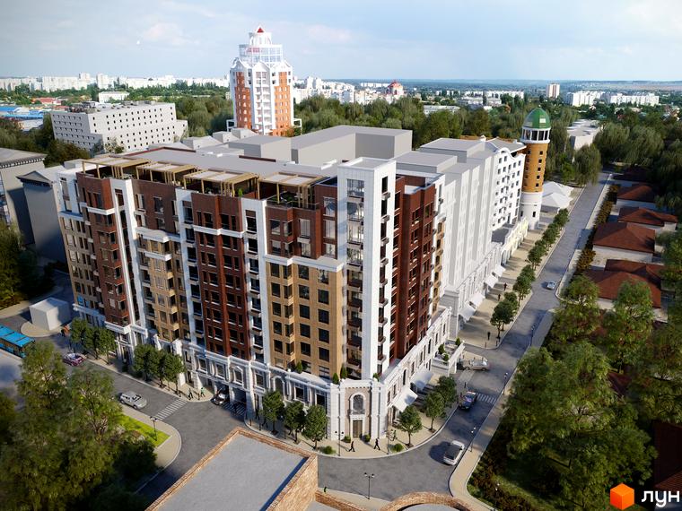 Зображення Житлового комплексу Dynastia BC: багатоповерховий будинок з коричневим та білим фасадом. Навколо зелені дерева та доглянута територія.