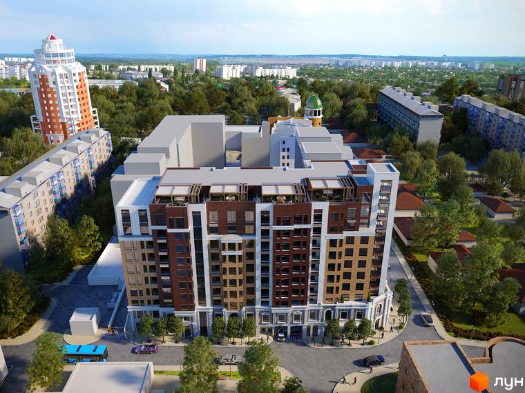 Зображення фасаду Новобудови Dynastia BC та прибудинкової території з деревами, газоном, тротуаром та дорогою.