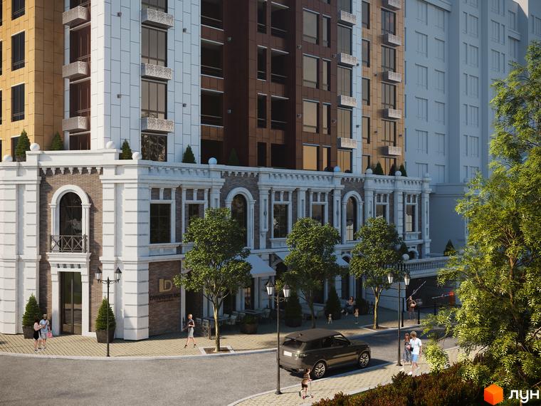 Зображення фасаду та прибудинкової території Житлового комплексу Dynastia BC. Вигляд новобудови та пішохідної зони.