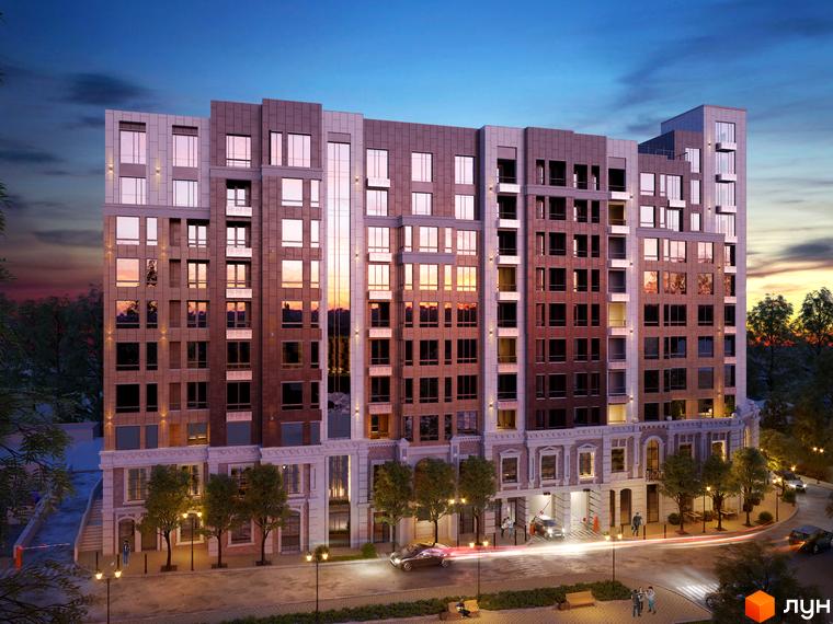 Зображення фасаду Житлового комплексу Dynastia BC з великою кількістю вікон. На передньому плані дерева та прибудинкова територія.