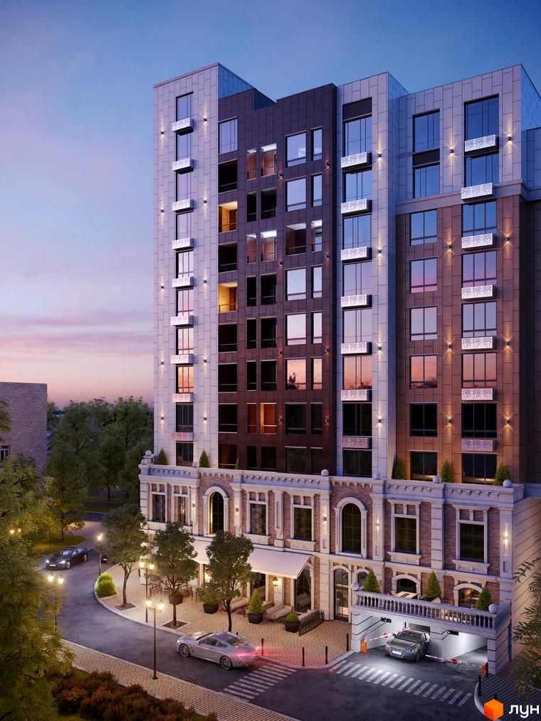 Зображення фасаду Житлового комплексу Dynastia BC з великими вікнами та підземним паркінгом. Навколо зелені насадження та освітлення.