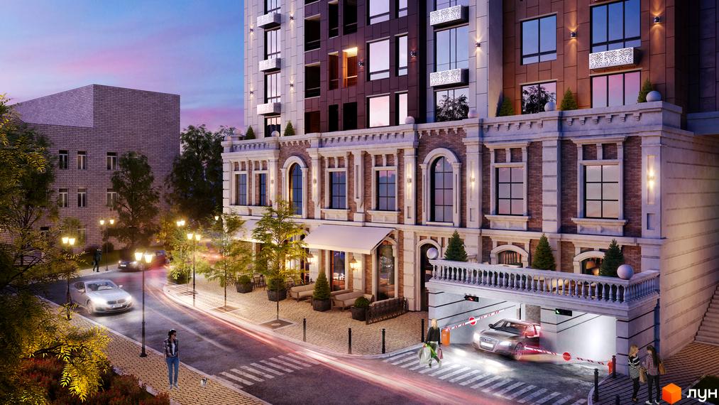 Зображення фасаду та прибудинкової території Будівельного проєкту Dynastia BC. На передньому плані пішохідний перехід та дорога.