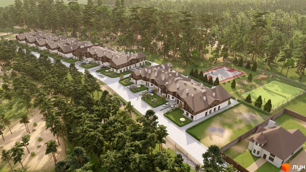 Котеджне містечко Bruhsell: затишні будинки з коричневими дахами серед соснового лісу. Територія включає спортивні майданчики та зони відпочинку.