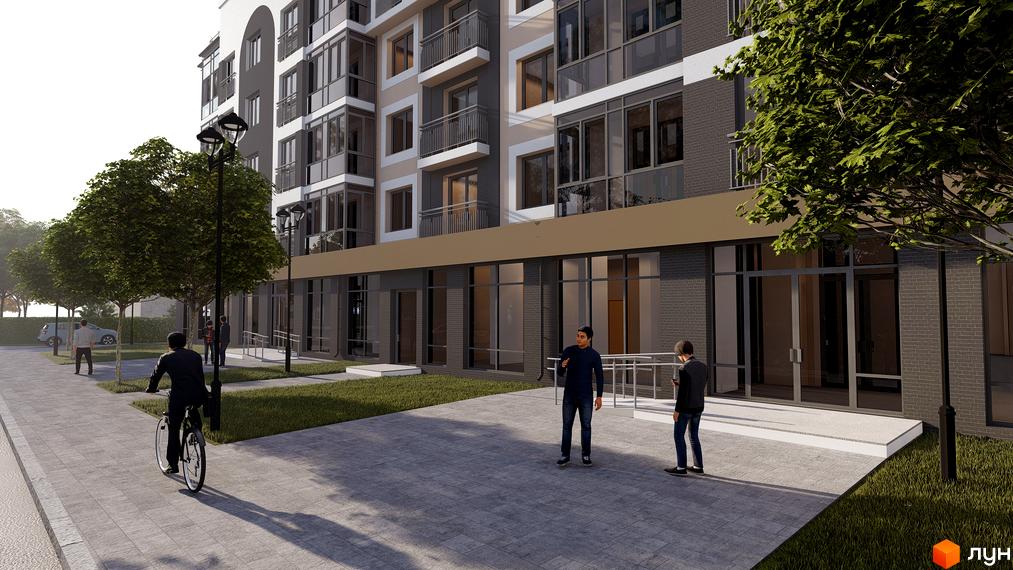 Зовнішній вигляд новобудови ЖК Сонцебуд з елементами фасаду та прибудинковою територією з деревами та пішохідною зоною.