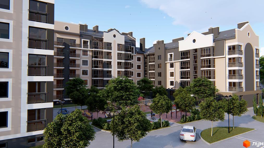 Зовнішній вигляд житлового комплексу Сонцебуд з балконами та вікнами, дитячий майданчик та зелені насадження на прибудинковій території.