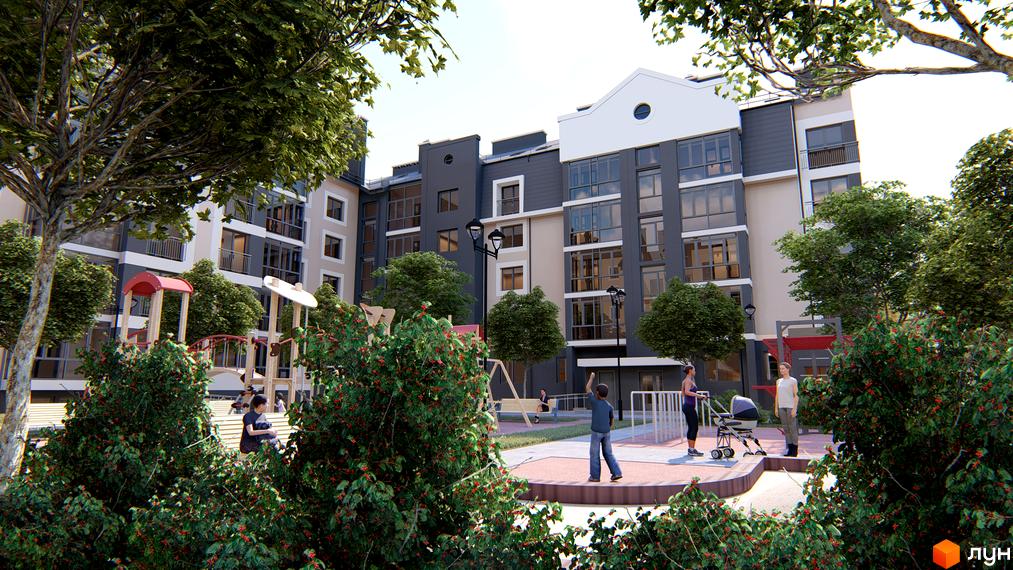Багатоповерховий будинок ЖК Сонцебуд з великими вікнами та світлими фасадами. На території облаштований дитячий майданчик та зелені насадження.
