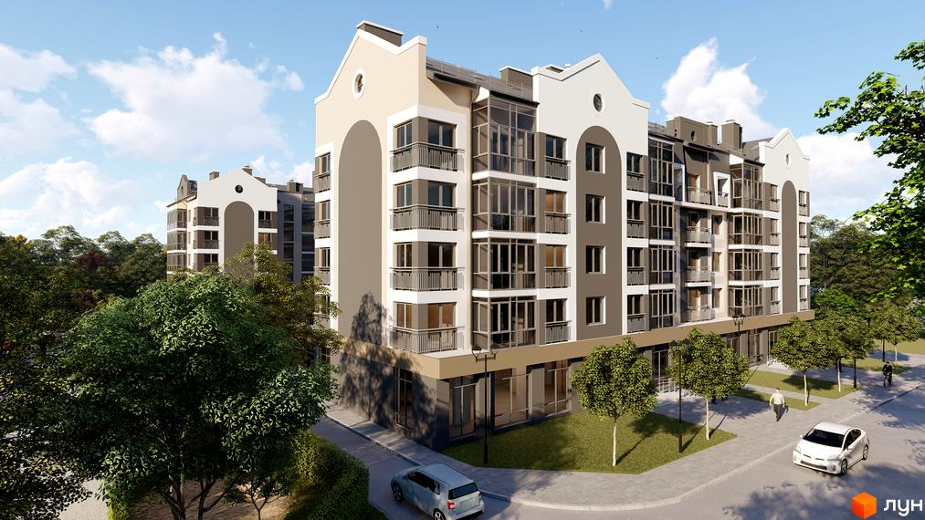 Зовнішній вигляд житлового комплексу Сонцебуд з фасадами світло-бежевого та сірого кольору, балконами та скляними елементами. Навколо будинку зелена прибудинкова територія з деревами та дорогою.