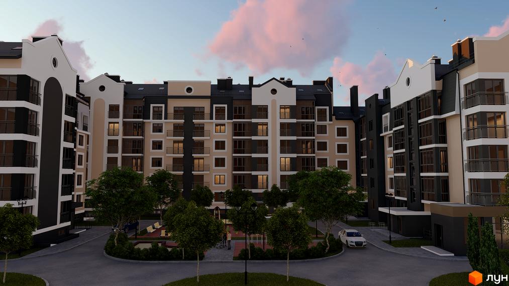 Зовнішній вигляд житлового комплексу Сонцебуд з фасадами бежевого та чорного кольорів, вікнами з балконами та прибудинковою територією з деревами та дитячим майданчиком.