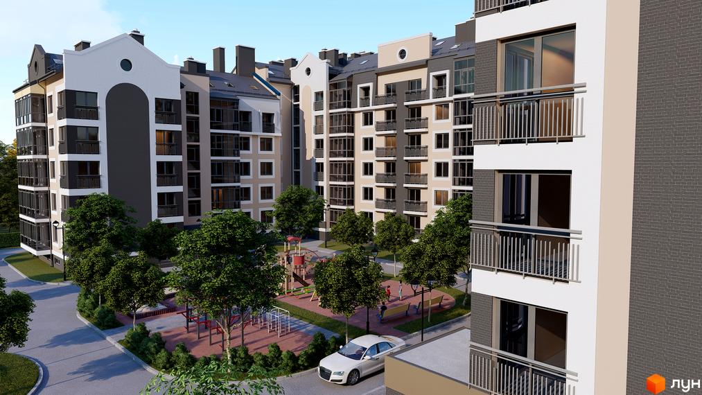 Житловий комплекс Сонцебуд - це багатоповерхові будинки з балконами та великими вікнами, розташовані навколо дитячого майданчика та зелених насаджень.