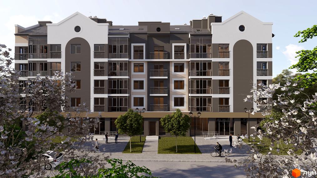 Зображення фасаду будинку ЖК Сонцебуд з великими вікнами та балконами. На прибудинковій території є дерева, тротуари та люди.