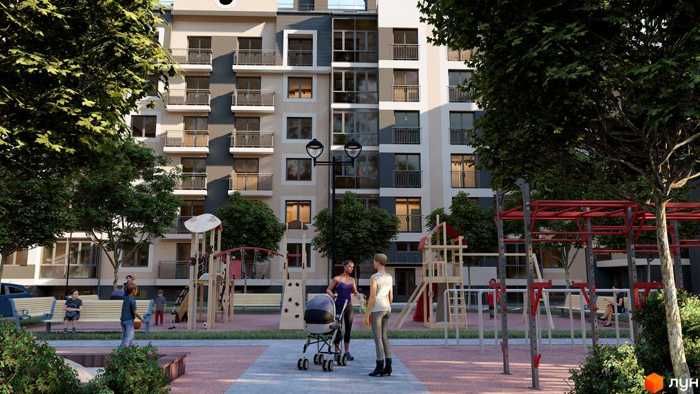 Житловий комплекс Сонцебуд з балконами та дитячим майданчиком. На території комплексу є лавки, дерева та ліхтарі.