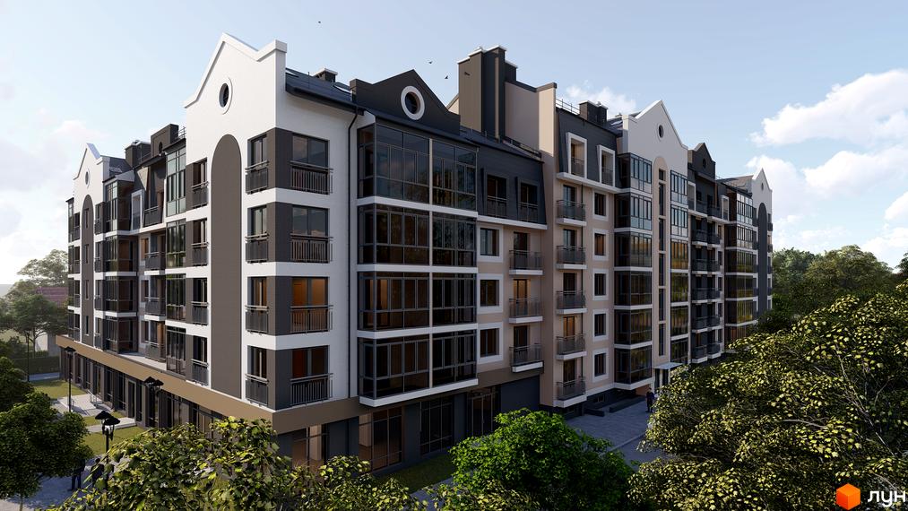 Багатоповерховий будинок ЖК Сонцебуд з фасадом у світлих тонах, балконами та великими вікнами. Навколо будинку зелені дерева та доглянута прибудинкова територія.