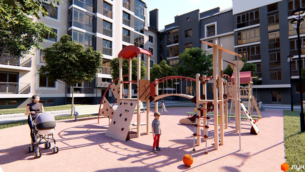 Житловий комплекс Сонцебуд з дитячим майданчиком та доглянутою прибудинковою територією. Архітектура будинку виконана в світлих тонах з великими вікнами.